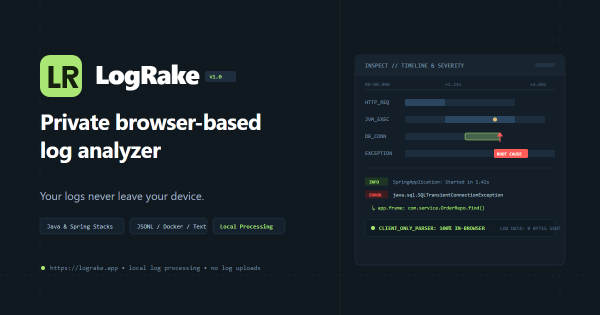 LogRake private browser log analyzer ready for pasted text or a local log file