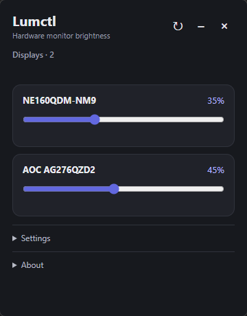 Lumctl brightness controls for two DDC/CI monitors on Windows