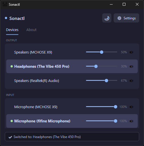 Sonactl device controls showing playback and recording volume levels in dark mode